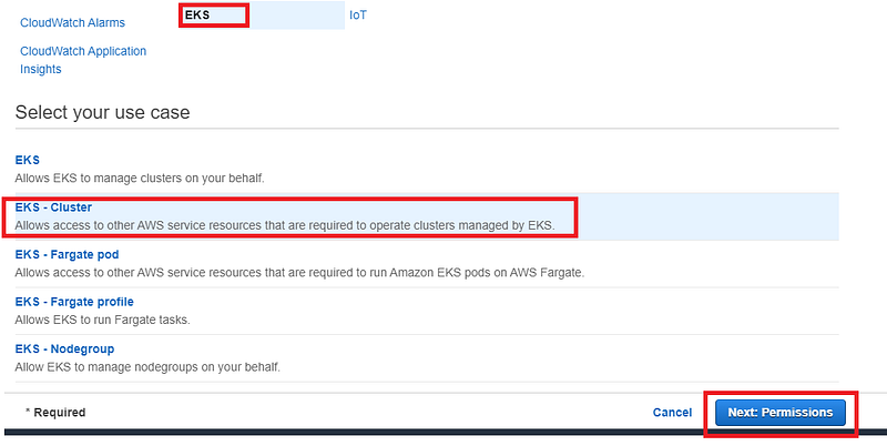 Choose EKS, EKS Cluster And then click Next: Permissions