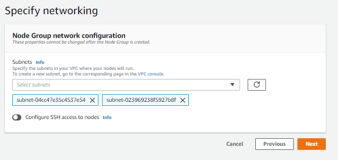 Choose subnet for az-a & az-b, next & create the node group