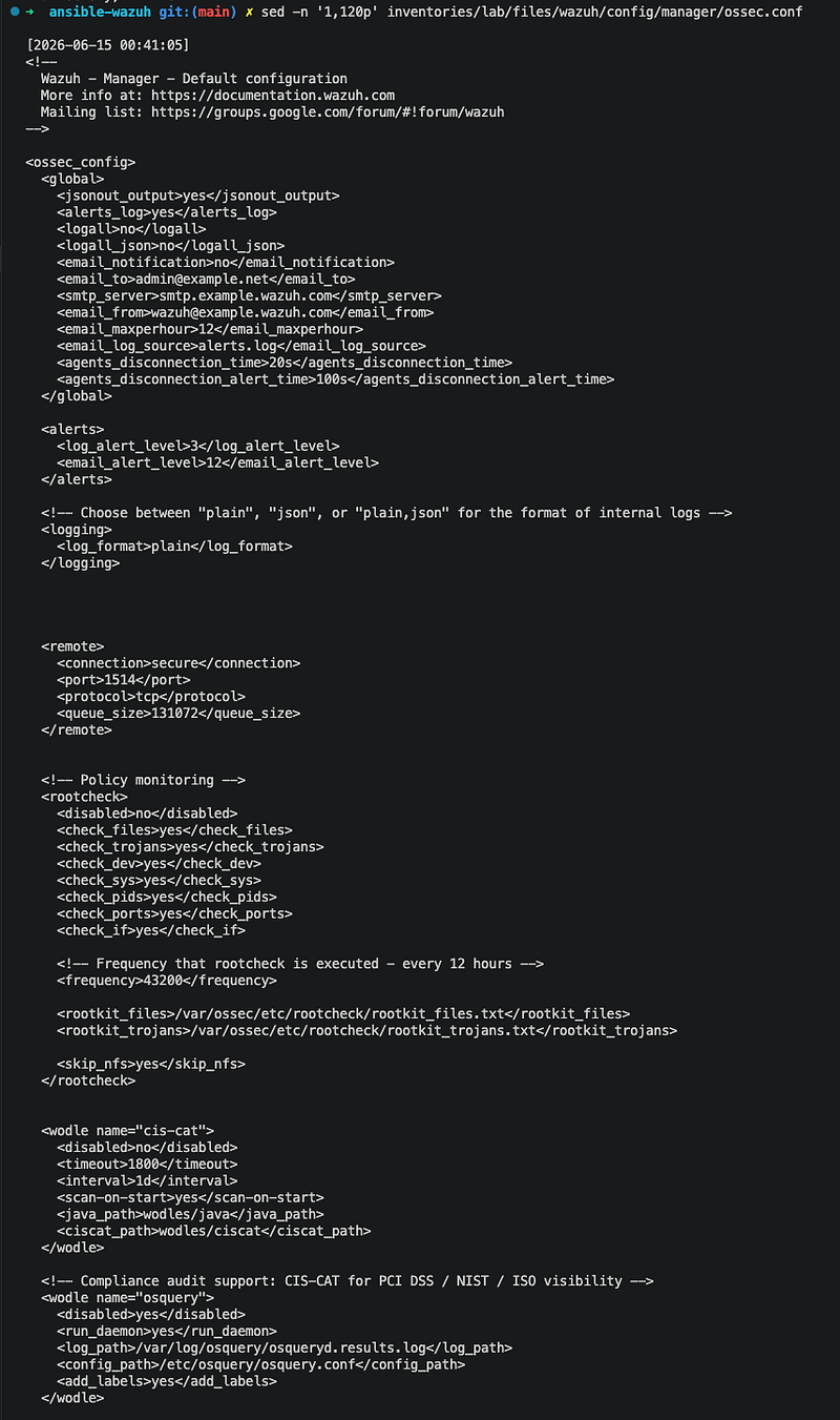 Screenshot from Wazuh Ansible Series Part 3: Managing Wazuh Manager Configuration with Ansible